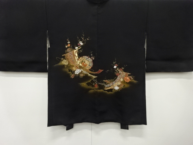 未使用品　漆　几帳に鏡裏・花模様織り出し　長絵羽織